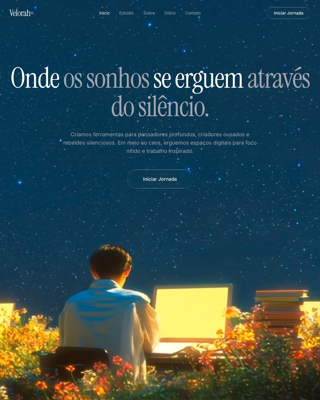 Demo de site de estúdio digital, céu estrelado sobre campo de flores