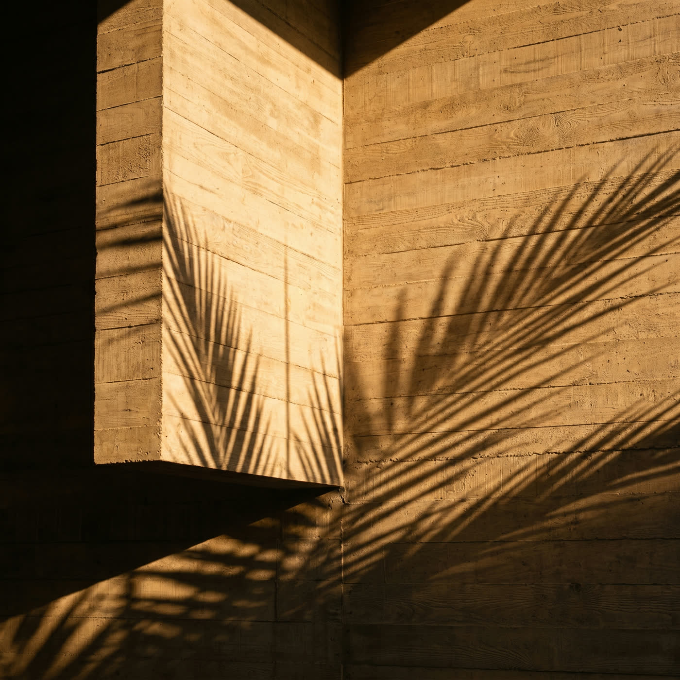 Sombra de folhas projetada pela luz do sol sobre parede de concreto aparente