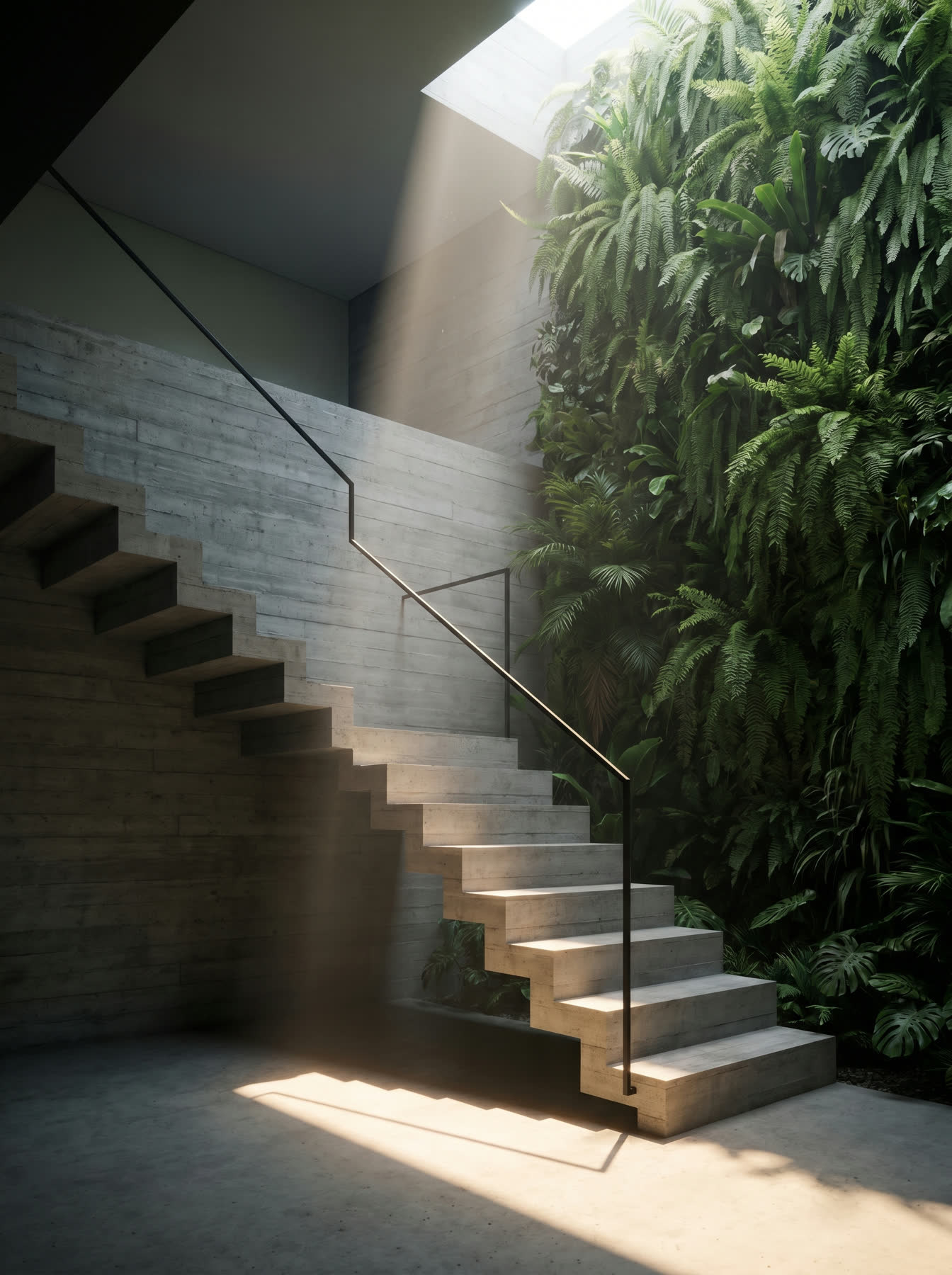 Escada escultural de concreto sob claraboia, com jardim vertical de samambaias na parede ao lado