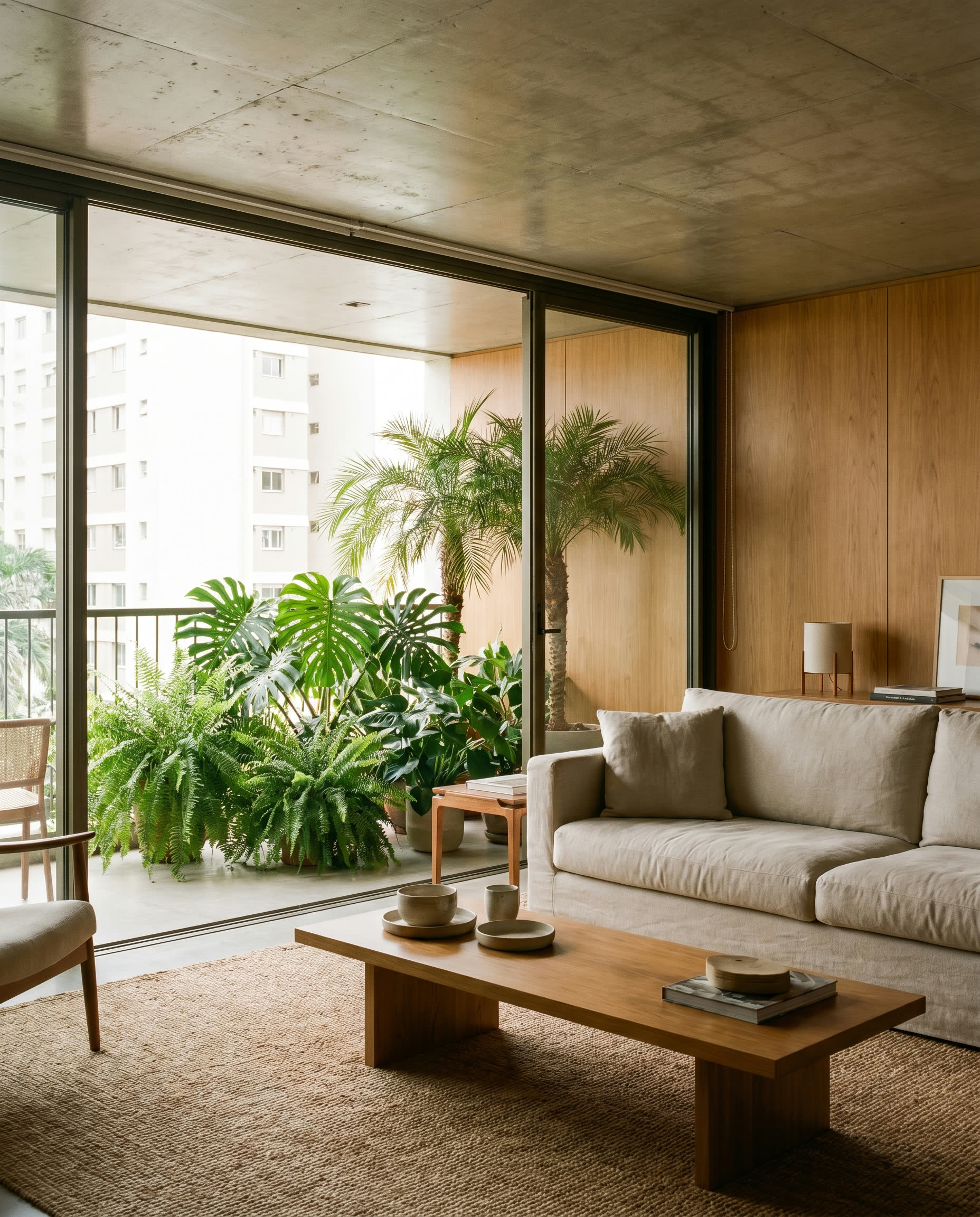Living com madeira clara, concreto e vegetacao tropical atras do vidro