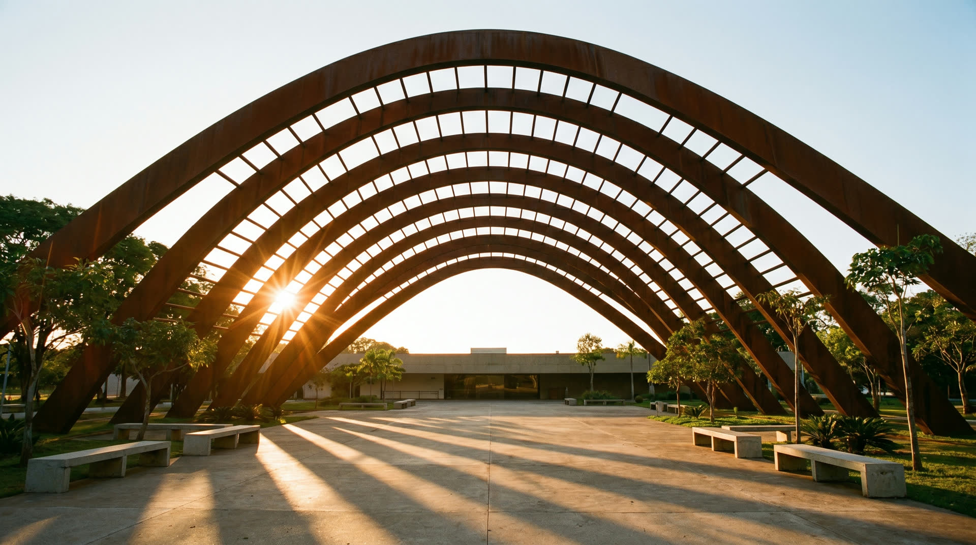 Pavilhao memorial com estrutura metalica em meia parabola contra o sol baixo