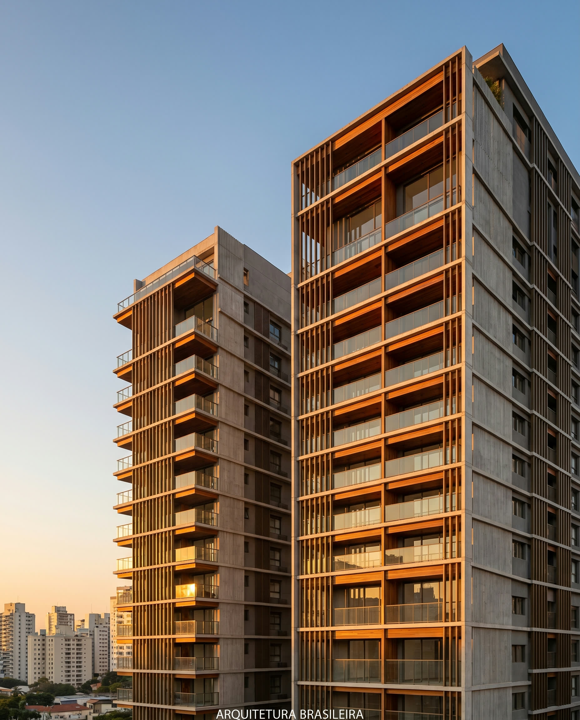 Duas torres residenciais esbeltas ao entardecer, concreto nervurado e madeira