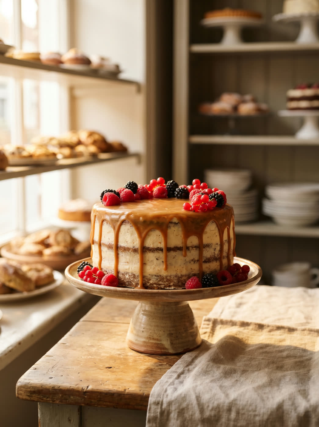 Bolo de festa em camadas com caramelo e frutas vermelhas