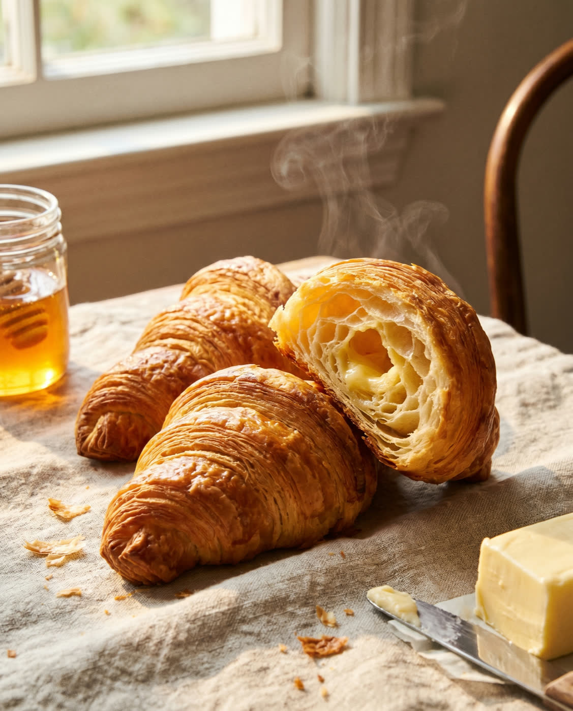 Croissants folhados dourados empilhados sobre linho
