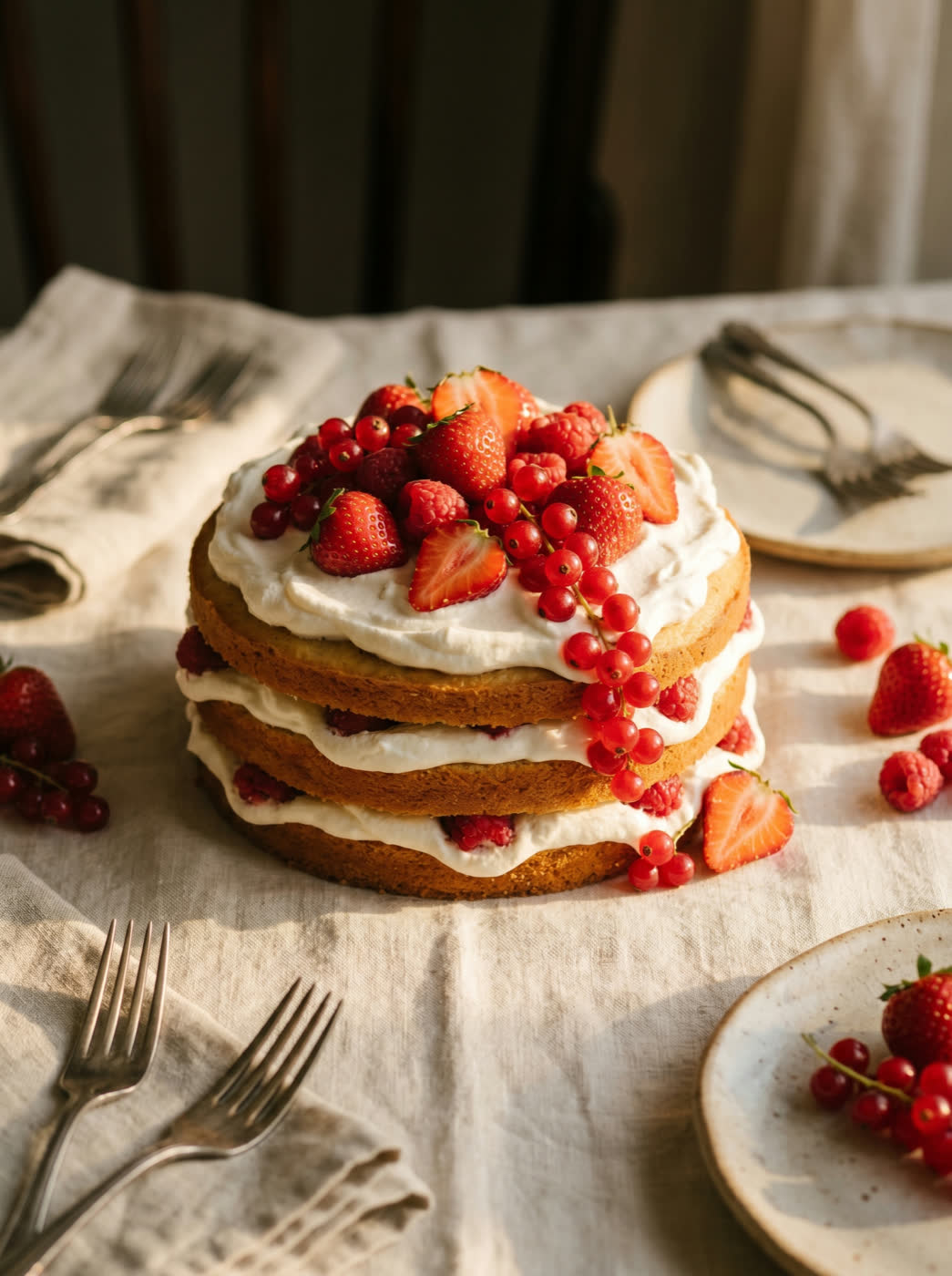 Naked cake com chantilly e frutas vermelhas escorrendo
