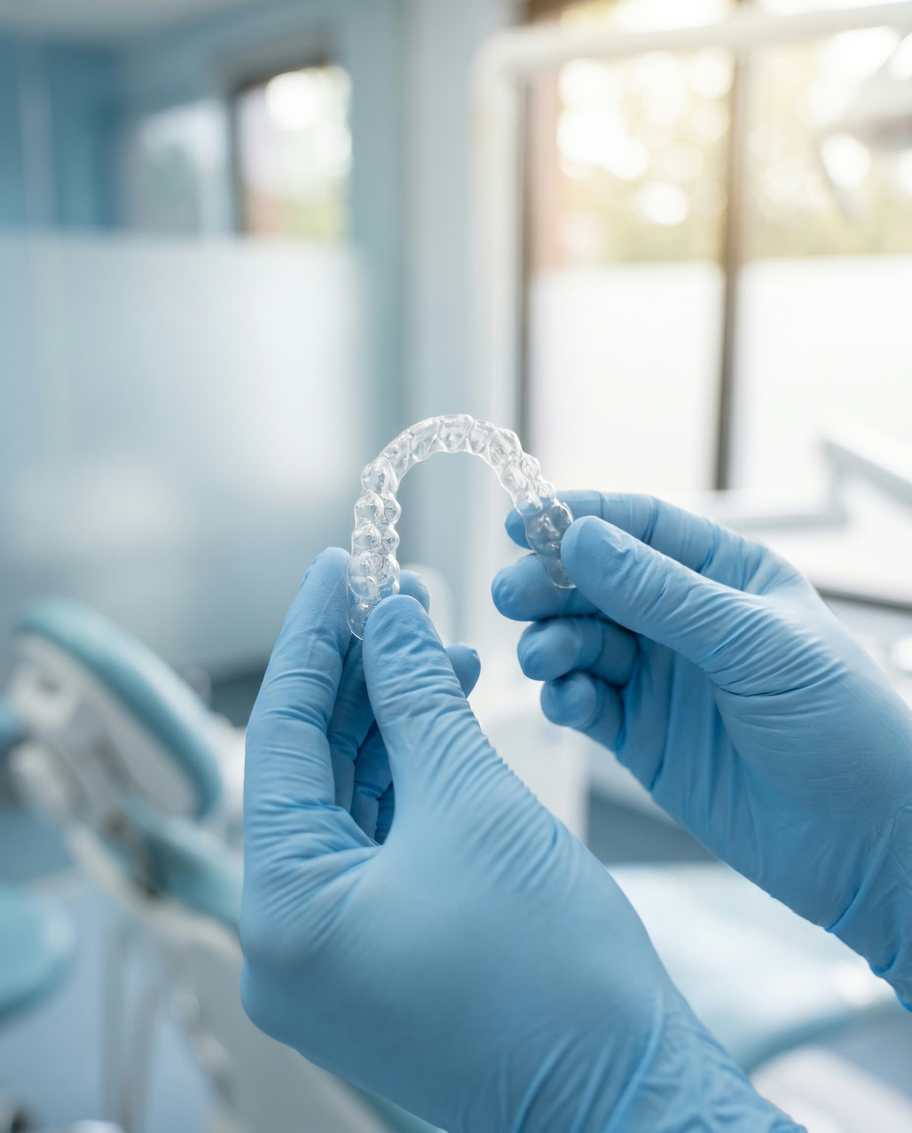 Mãos com luvas segurando um alinhador transparente contra a luz