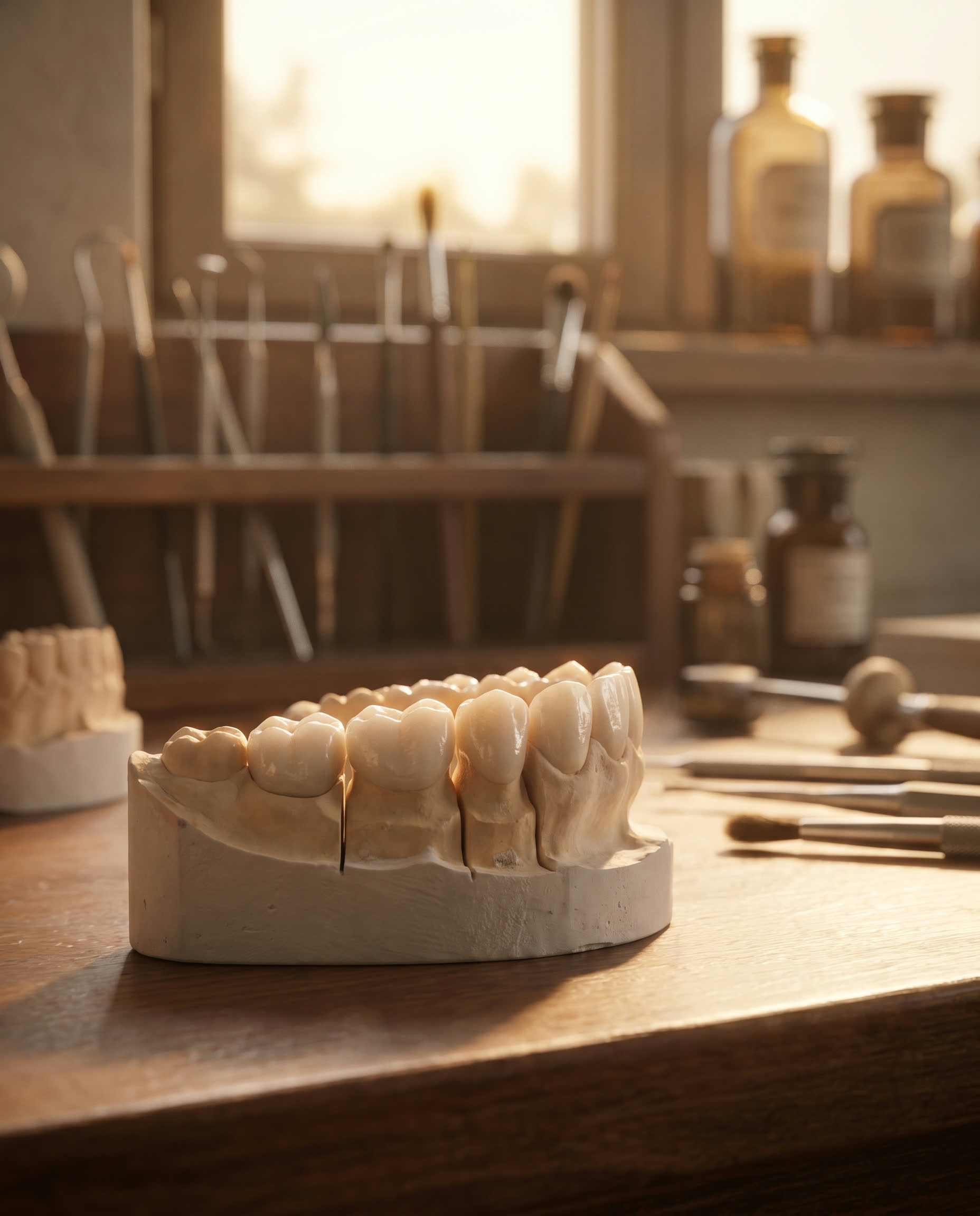 Coroas cerâmicas sobre modelo de gesso em laboratório de prótese
