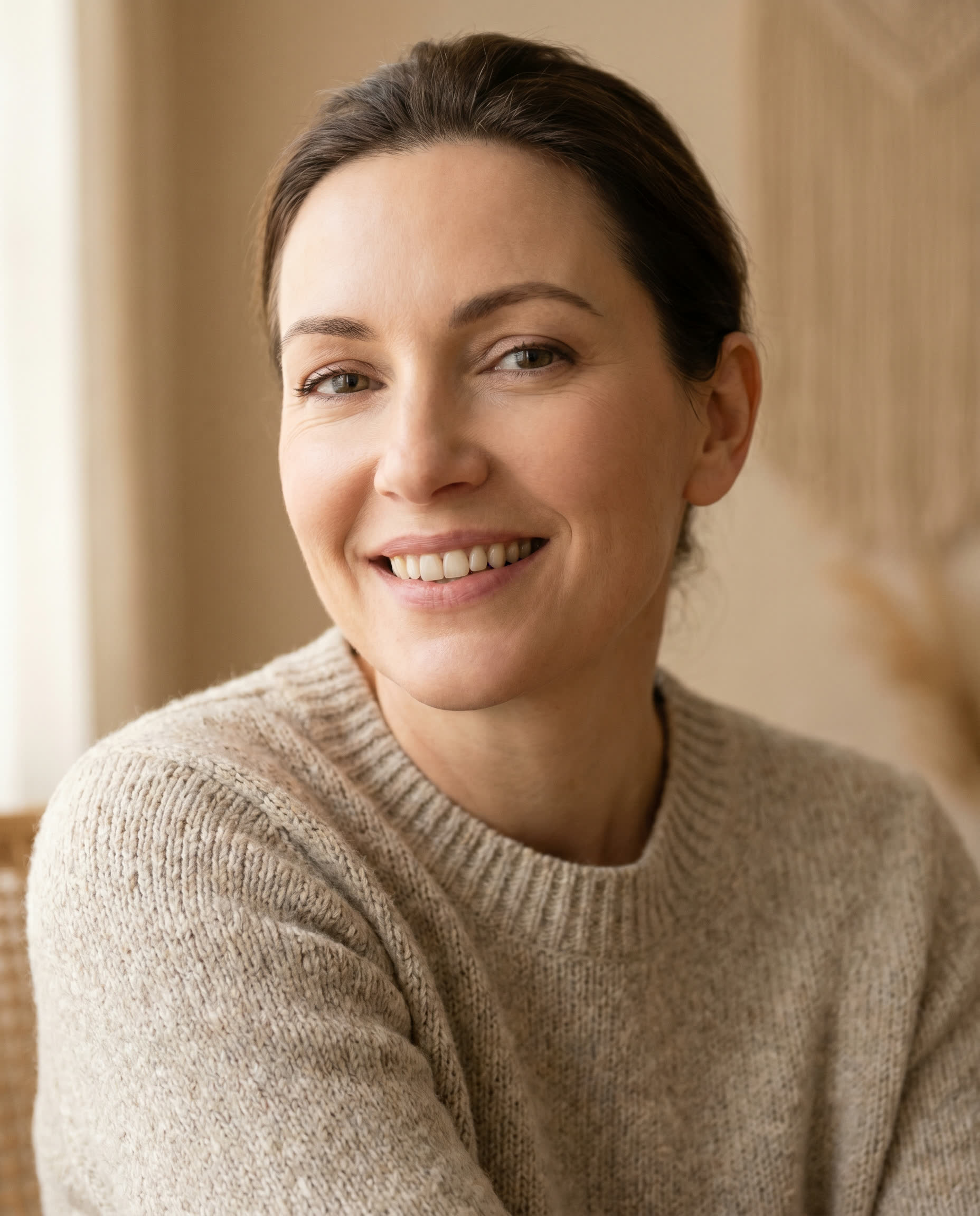 Mulher sorrindo com naturalidade em ambiente de luz suave