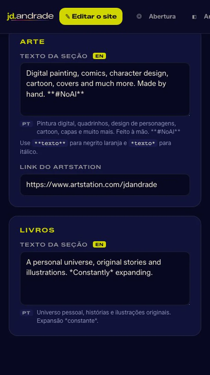 Painel: texto da seção em inglês e em português